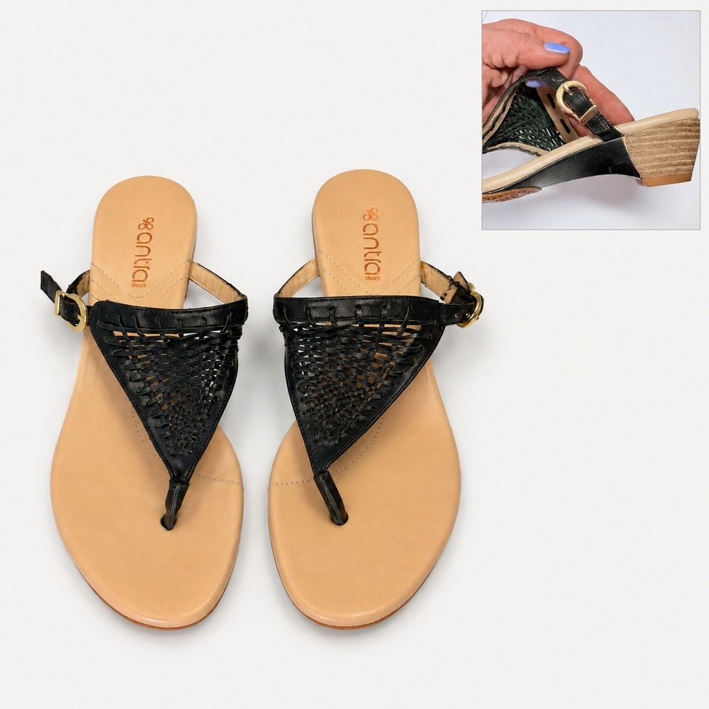 Antia Spain Leather Black Woven Sandal Size 38.5 (8) Boho Coastal Resort Beachy